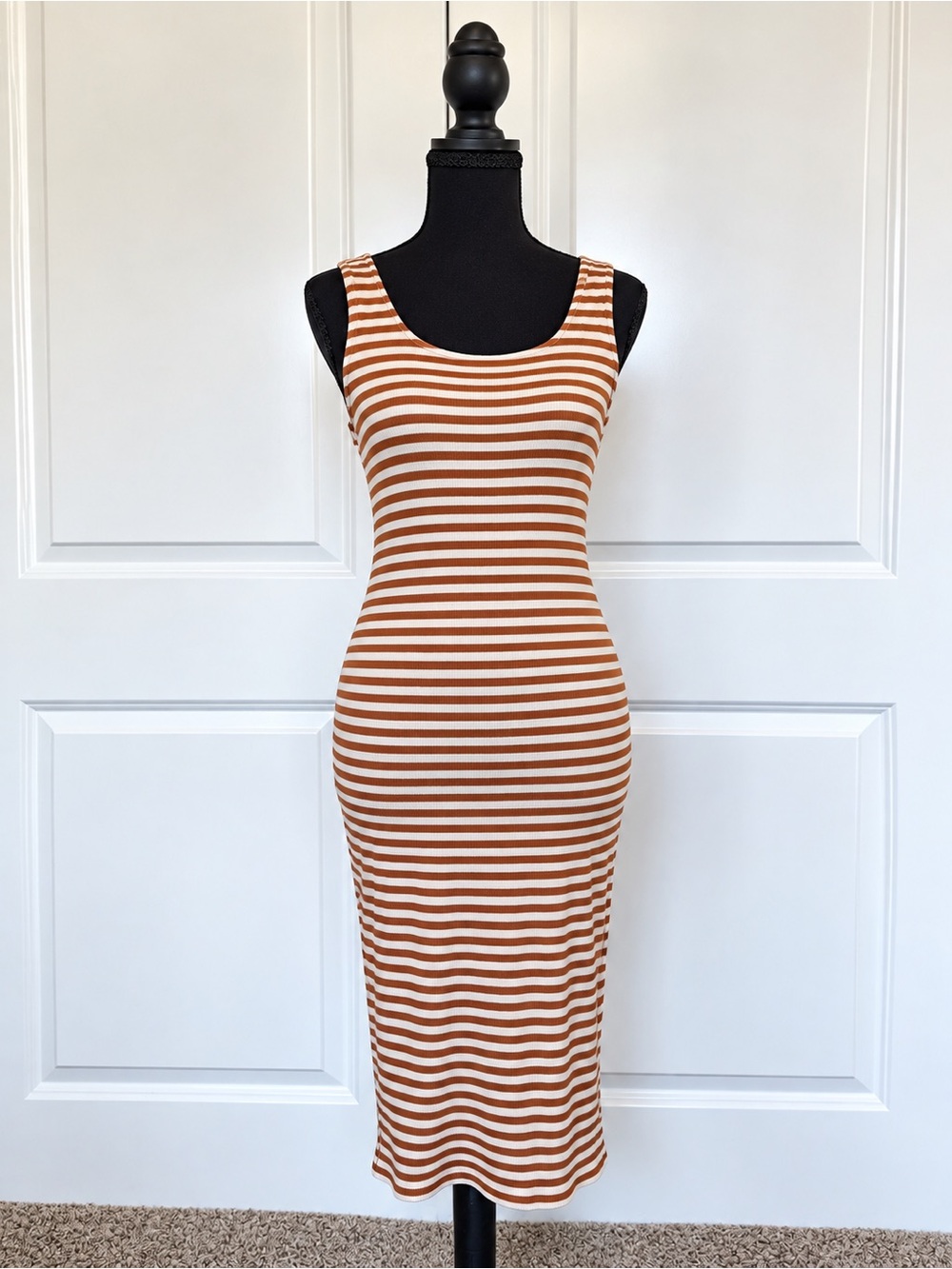 HYFVE Cream and Brown Striped Scoop Neck Midi Dress